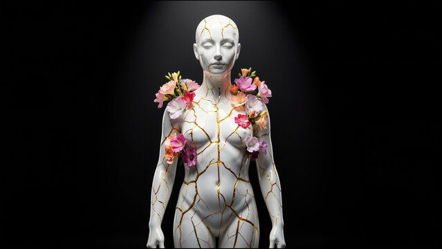 Elegant white marble statue of a female figure with golden kintsugi seams and colorful flowers, set against a black background to highlight resilience and grace.