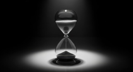 Hourglass with sand flowing against dramatic black background