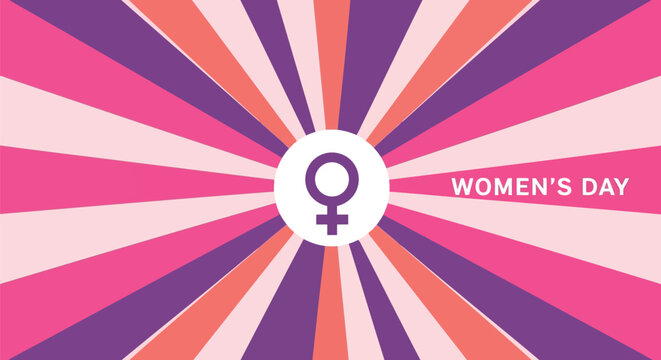 Women's Day vector illustration with pink rays and female gender symbol background