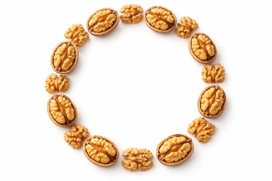 Top view walnut halves forming circular frame with kernel pieces and empty center copy space isolated on white background