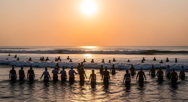 Balinese people participate in ocean purification ceremony at sunset