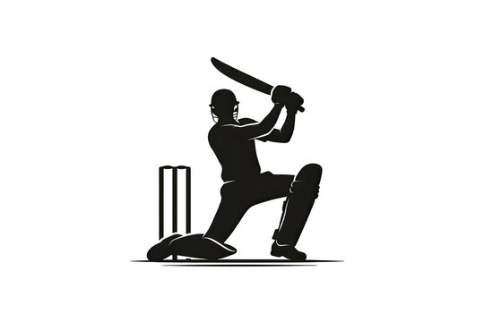 Cricket batsman silhouette hitting ball with bat near stumps for sports logo and match design isolated on transparent background