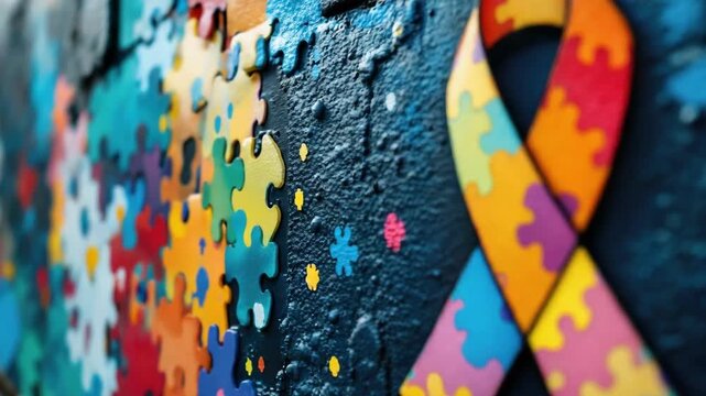 Colorful autism awareness ribbon on vibrant puzzle piece mural