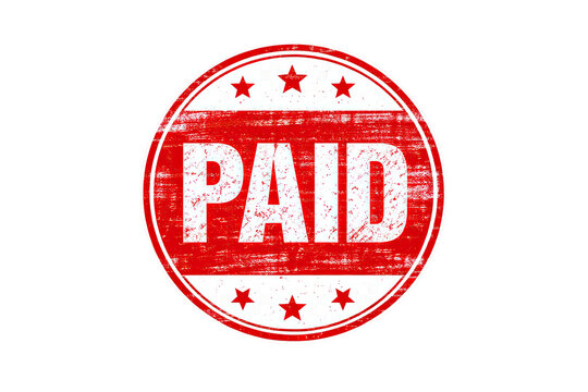 Red paid stamp badge with distressed texture and stars for invoice receipt billing approval mark isolated on transparent background