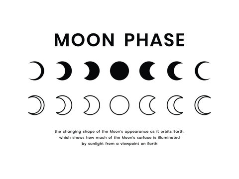 Simple vector moon phase illustration set in black and white style