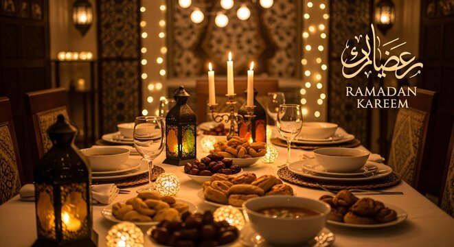 Elegant Ramadan iftar table with lanterns, candles, dates, and warm festive lighting