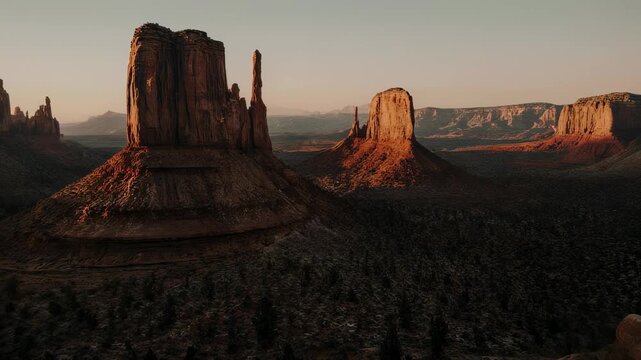 Sunlit mesas tower over a desert valley, with warm hues highlighting the natural formations