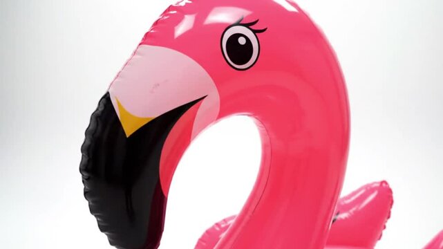 A vibrant close-up captures a playful pink inflatable flamingo pool float, featuring its distinct cartoon eye and colorful beak against a clean white background. This cheerful and inviting object evok