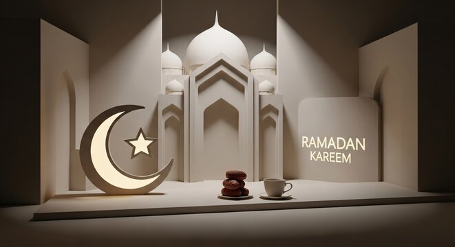 Minimal Ramadan Kareem scene with mosque, crescent moon, dates and coffee