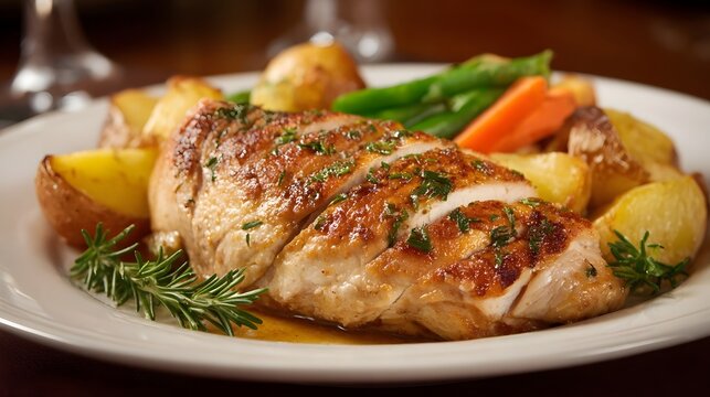 Roasted chicken breast with herbs served with roasted potatoes and vegetables on a white plate a delicious meal