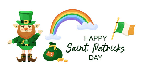 Horizontal web banner for Saint Patricks Day. Cute leprechaun and rainbow. Holiday greeting card. Hand drawn vector illustration. © plaksik13