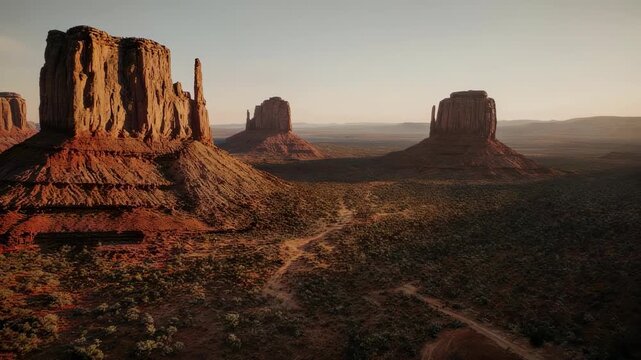 A grand scenic landscape featuring towering sandstone buttes under a warm, serene sky