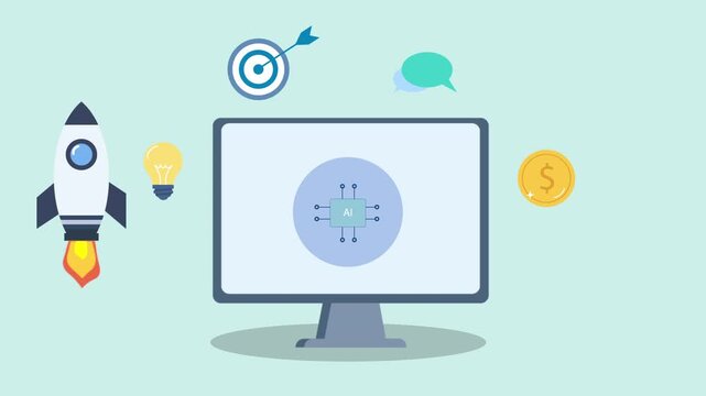 Flat illustration of a desktop screen with innovation hub icon, rocket, target, lightbulb, chat bubble, and coin symbol, representing startup growth, digital marketing, business strategy, and success.