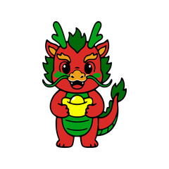 Fototapeta premium Cute red dragon holding gold ingot with green accents