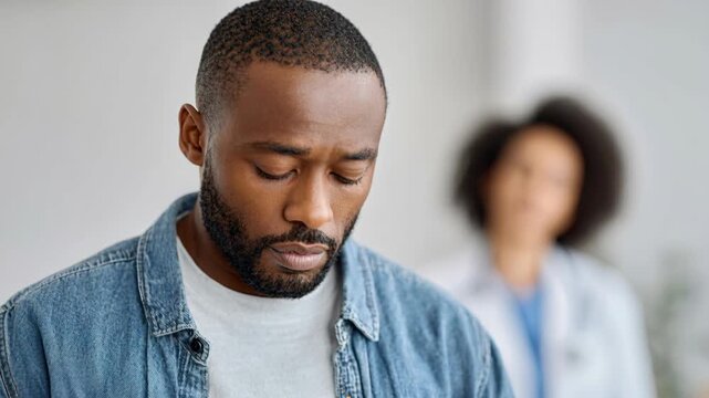 A concerned man in a denim jacket looks down in a medical office with a doctor blurred in the background.