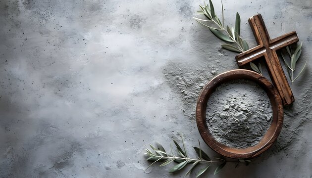 Wooden cross and bowl of ash