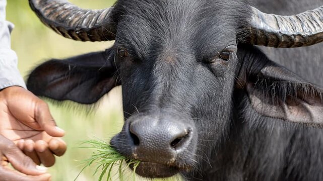 A person's hands offer a bundle of fresh green grass to a water buffalo, which eats it with its mouth open.