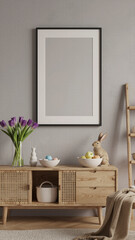 Stylish living room mockup featuring a vertical black frame on a gray wall with purple tulips in a glass vase and a wooden rabbit figurine on a sideboard.