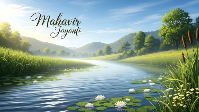 Serene Pond With Lotus Flowers And Mountains Mahavir Jayanti Celebration Nature Scene Relaxing 4K Ai HD high quality video.
