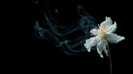 White flower with vivid petals and ethereal smoke on black background
