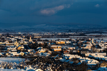 Obraz premium Snowy village aerial view