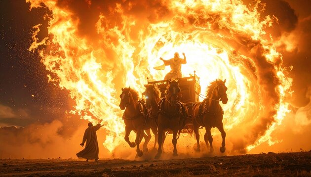 Magical cinematic shot of a fiery chariot pulled by magnificent horses moving through an ethereal sky. Semi-realistic scene emphasizing motion, myth, and elemental fire energy.