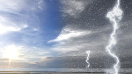 A dramatic composite image showing a split view between a bright sunny sky and a heavy thunderstorm...