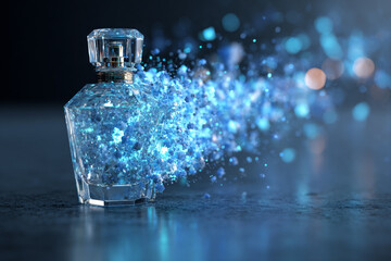 Luxury perfume bottle with sparkling blue fragrance mist