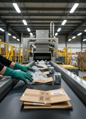 Recycling Plant Conveyor Belt Sorting Cans and Cardboard Boxes with Worker Hands