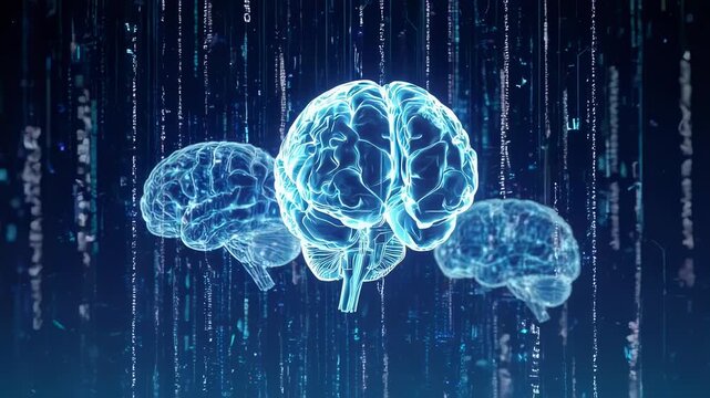 Glowing translucent brains float in a digital matrix, lines of code cascade