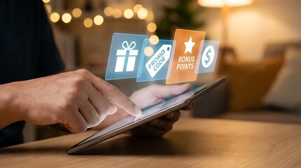 Person using a tablet with holographic icons for online shopping and rewards.
