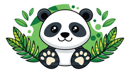 Obraz premium Cute panda bear cartoon character with leaves