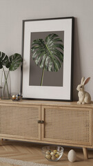 Minimalist monstera leaf art print in white frame sitting on a wooden sideboard with a ceramic rabbit figurine creates a serene Scandinavian home atmosphere.