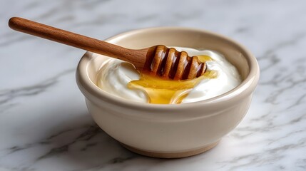 Creamy yogurt with a golden honey drizzle from a wooden dipper on a marble surface