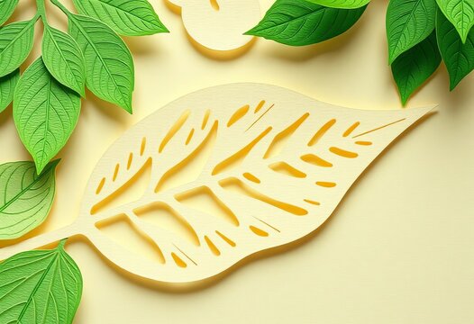 Intricate paper cut leaf design, bio degradable theme, green hues,   abstract,  leaf