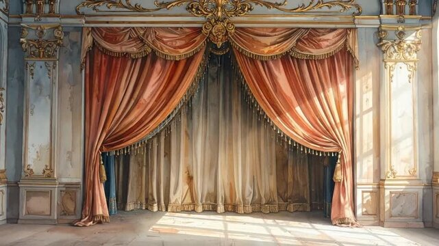 Elegant stage backdrop featuring ornate gold details and luxurious draped curtains, creating a theatrical atmosphere.