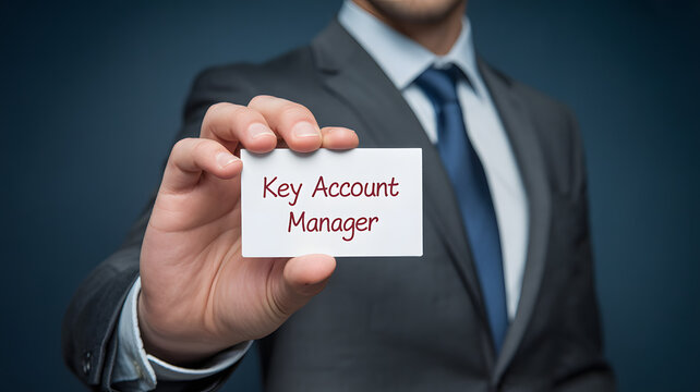 Professional businessman presents a Key Account Manager business card in an indoor setting