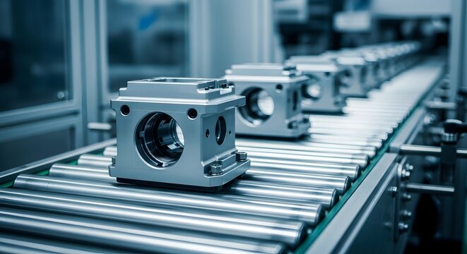 Industrial precision metal parts moving along an automated roller conveyor belt in a clean factory, representing modern manufacturing and Labor Day work concept