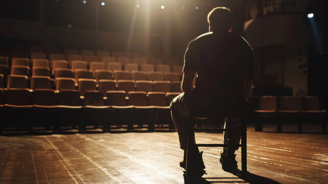 Actor sitting alone on empty theatre stage under spotlight, quiet moment of anticipation before performance