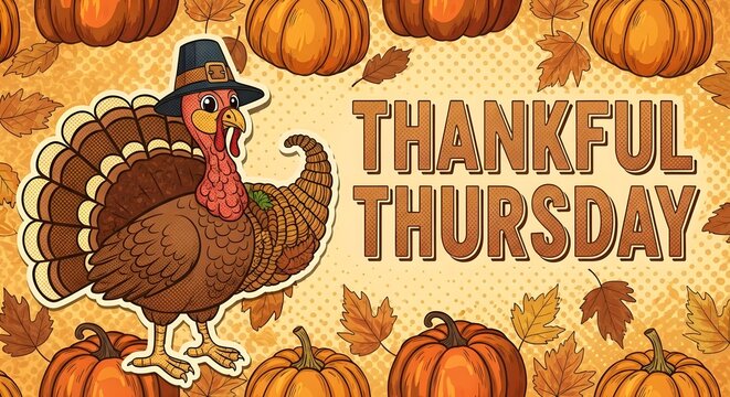 A cartoon turkey wearing a pilgrim hat stands amidst pumpkins and leaves on Thankful Thursday.
