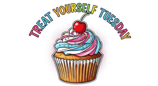 A colorful cupcake with swirly frosting and a cherry on top says Treat Yourself Tuesday