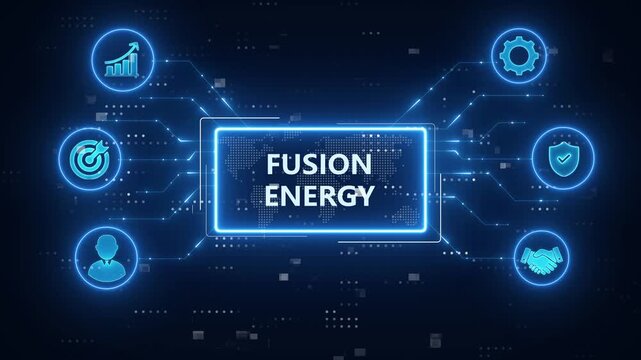 Fusion Energy or Fusion Power Icons Background &ndash; Clean Power, Nuclear Fusion Reaction, and Renewable Technology Symbols.
