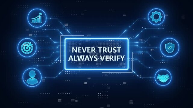 Never Trust, Always Verify Concept . Cybersecurity principle, often associated with Zero Trust Architecture. futuristic blue technology background.