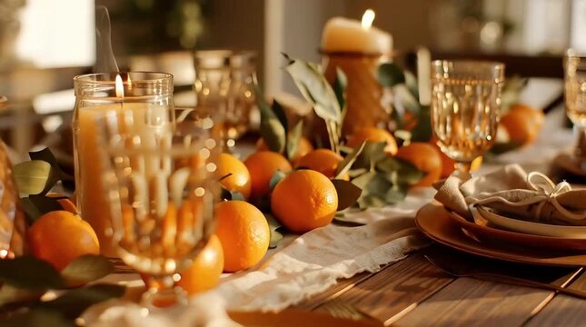 Festive dining table with warm candlelight, fresh citrus, and elegant rustic setting