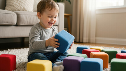 Close-up of a cheerful toddler holding a blue foam block while playing with colorful educational toys on the floor in a warm and cozy home environment.