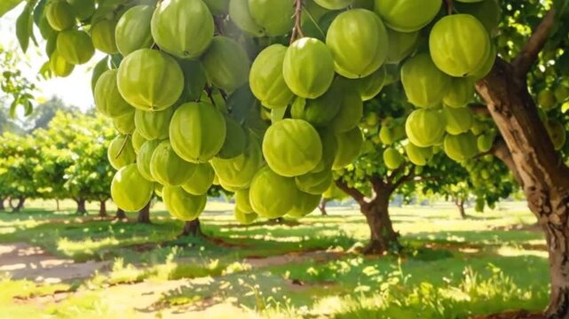 Lush orchard with trees laden with green star fruit, bathed in sunlight.