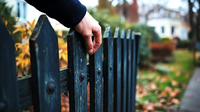 Hand touching rustic wooden fence in autumn garden with fallen leaves