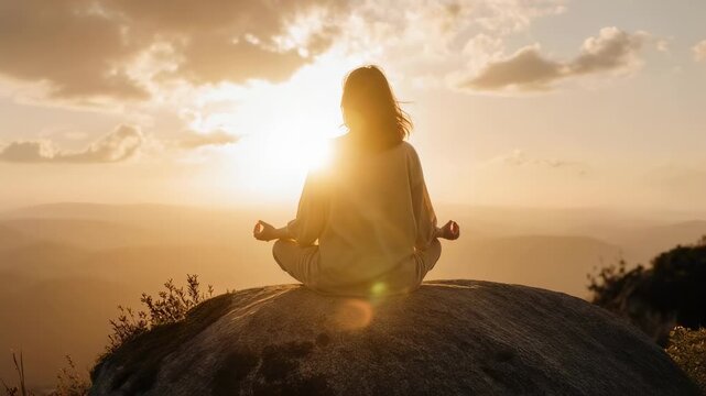 Girl meditates on rock in early morning