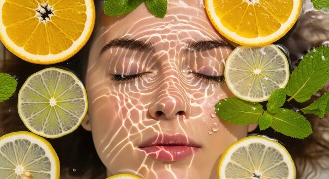 Woman relaxing in citrus water with lemon slices and mint leaves