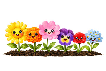 Colorful Spring Flowers Border Isolated on White